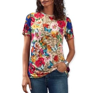 JOHNNY WAS Mayflower T-Shirt Butterflies Floral Boho Crew Neck Swing Tee